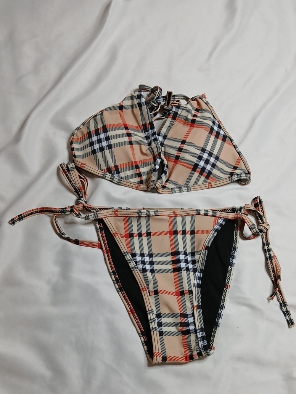 Burberry Beige Plaid Bikini Top with Black and Red Accents